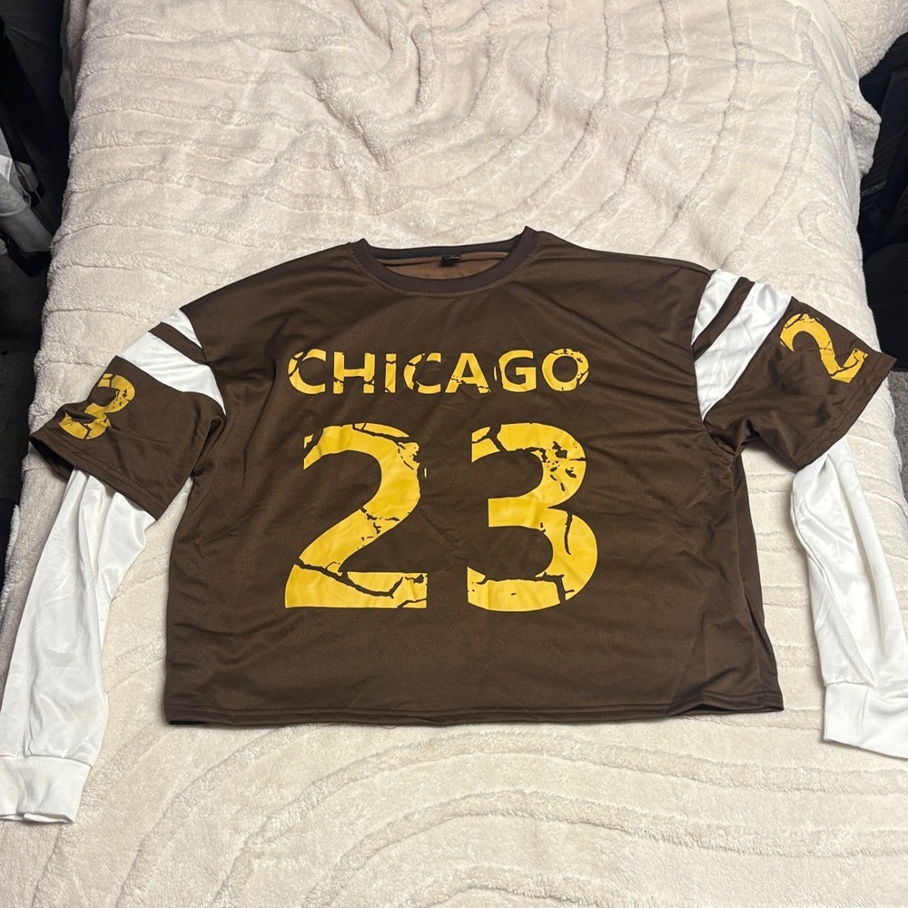 SHEIN Brown and Yellow 'Chicago 23' Layered-Look Long Sleeve Tee